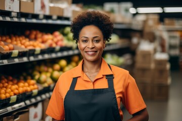 Naklejka premium Portrait of a smiling middle aged African American female grocery store worker