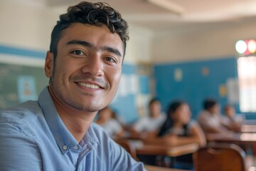 Fototapeta premium Portrait of a young male teacher in classroom