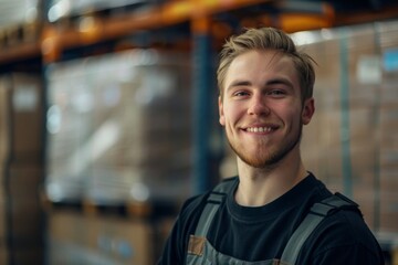 Fototapeta premium Portrait of a smiling young adult man working in warehouse