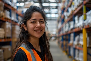 Portrait of a smiling young adult woman working in warehouse