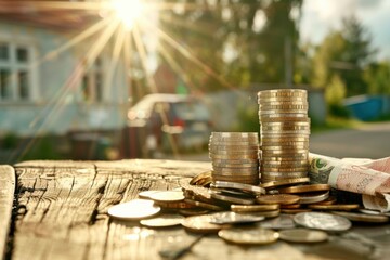 Stacks of coins and scattered money sit on a wooden surface with a sunlit background, symbolizing financial growth, investment opportunities, and prosperity.