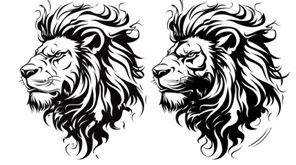 A striking tattoo set featuring two roaring lion heads in black and white. The designs show intricate details of the mane and ferocious expressions from front and side views.
