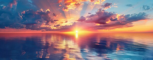 Vibrant sunset over tranquil ocean with colorful sky and dramatic clouds