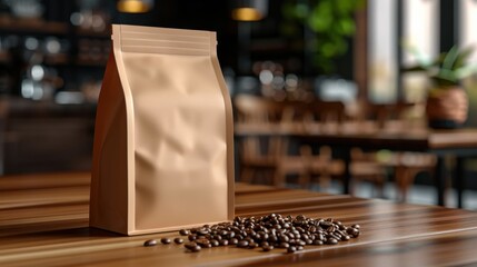 A mockup of a brown coffee paper bag on a wooden table, surrounded by spilled coffee beans in a cozy caf&eacute; setting with warm lighting.