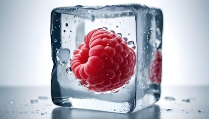 Frozen raspberry in an isolated icecube background