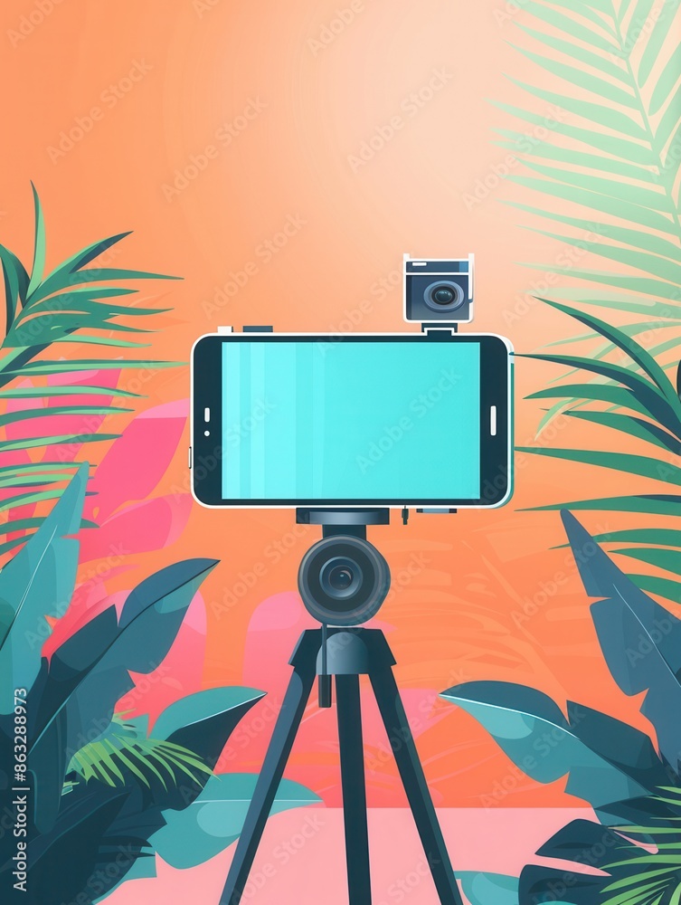 Poster a smartphone mounted on a tripod, ready to capture vibrant video footage with a tropical backdrop. g