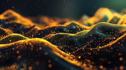 Digital rendering of a wave-like abstract background made of gold particles and light effects, creating an ethereal and futuristic atmosphere.