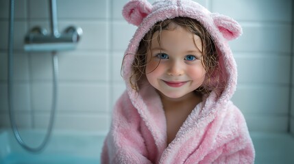 A little smiling girl in a funny pink robe with ears after bathing in the bathroom