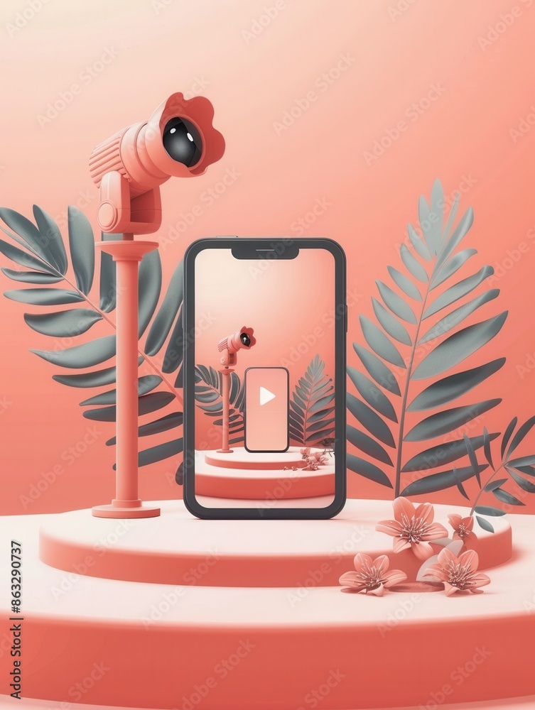 Fototapete a pink smartphone displays a video streaming screen with a play button. the device is situated on a 