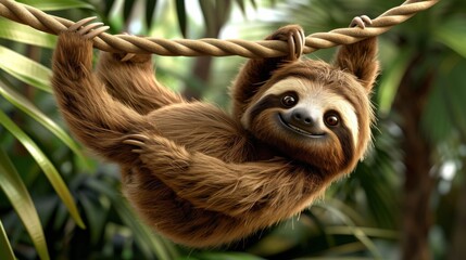 Fototapeta premium A cute cartoon sloth hangs from a rope in a lush jungle setting, smiling contentedly with room for copy.