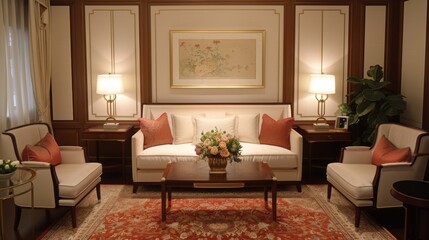 Elegant living room with a golden art deco frame, two armchairs, a sofa, and a coffee table. The room is well-lit with table lamps and decorated with flowers.