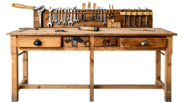 Hand tools with workbench, PNG file, transparent background, isolated on white