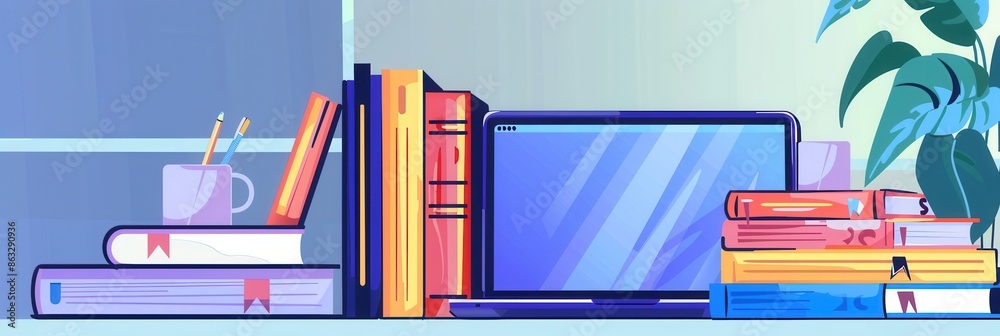Poster a laptop sits next to stacks of colorful textbooks, representing the blend of traditional and modern