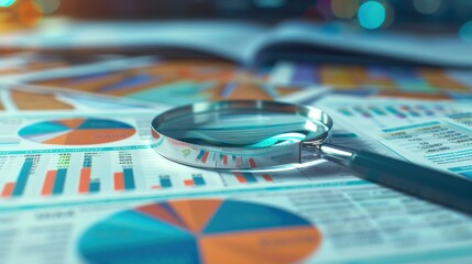 The image shows a magnifying glass placed on top of several documents with colorful charts and graphs, likely representing analytical data.