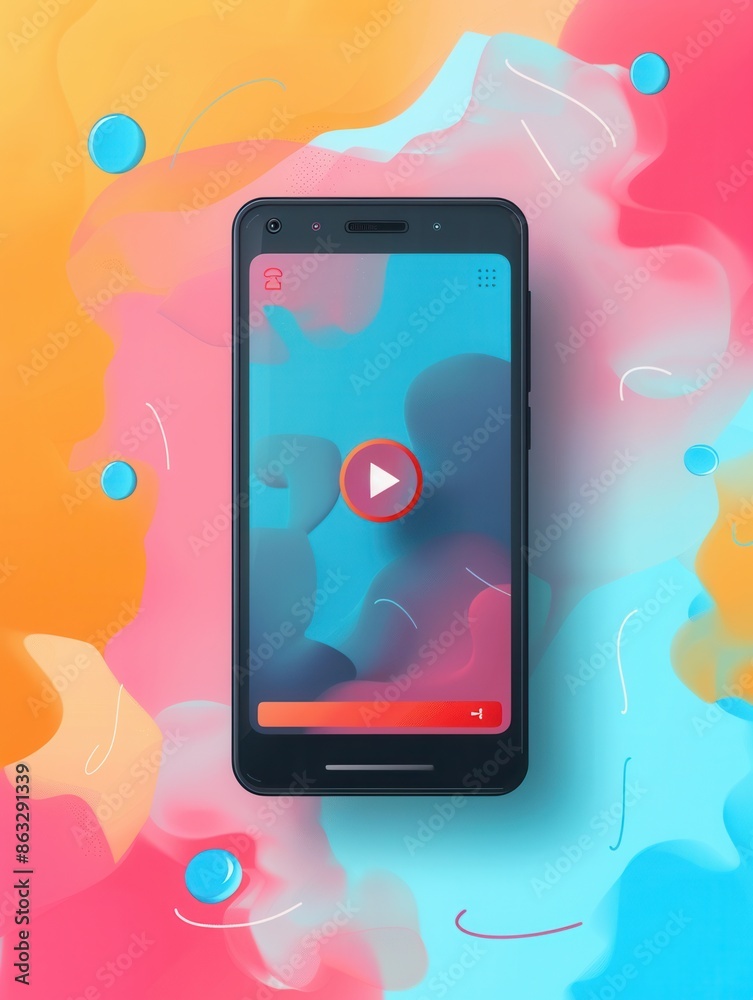 Poster a smartphone with a bright and colorful background displays a streaming app with a play button, sugg