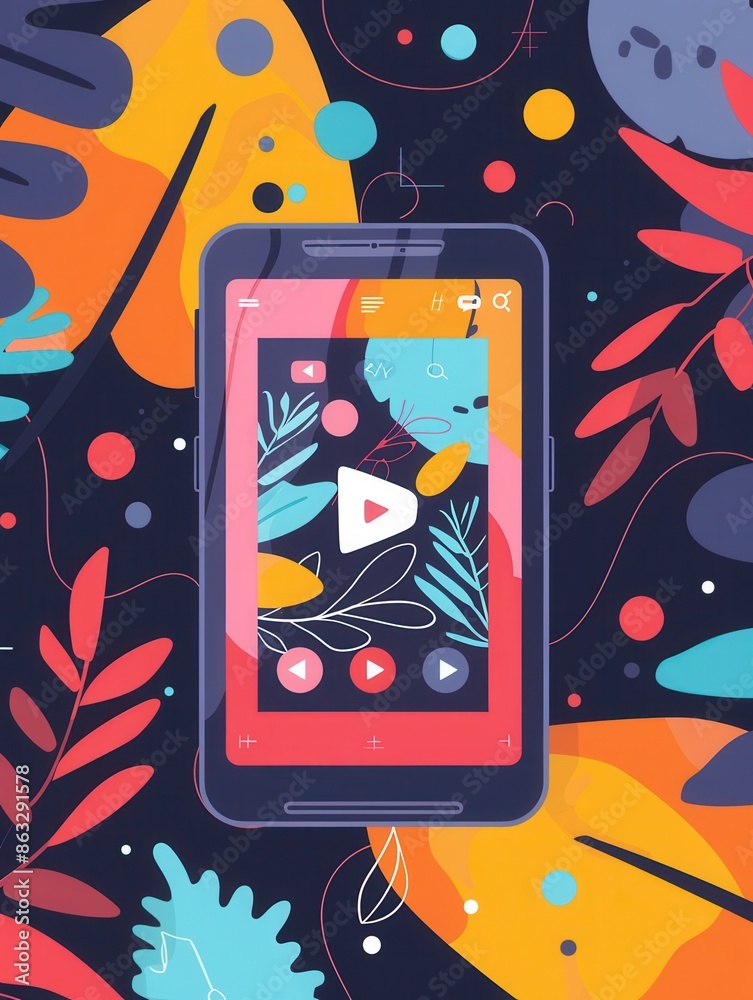 Poster a smartphone with a bright, colorful screen displaying a video streaming interface. the play button 