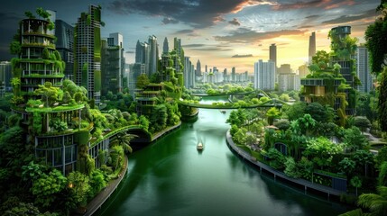 Fototapeta premium A stunning eco-futuristic cityscape features lush greenery intertwined with modern architecture, water channels, and a bright sky, illustrating a harmonious blend of nature and technology.