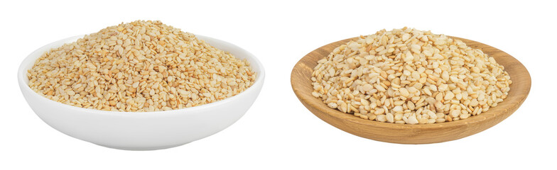 Sesame seeds in ceramic and wooden bowl isolated on white background with full depth of field