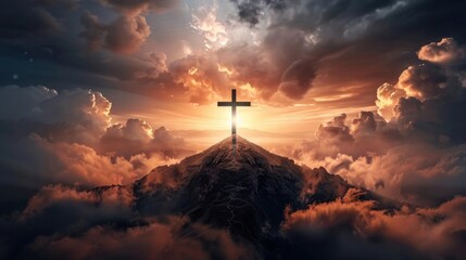 Fototapeta premium A radiant cross stands atop a mountain amidst a dramatic, cloud-filled sky, symbolizing the death and resurrection of Christ.