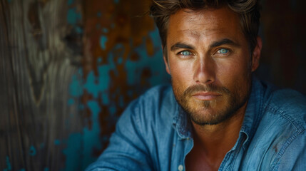 Obraz premium Handsome man wear blue shirt and posing in studio