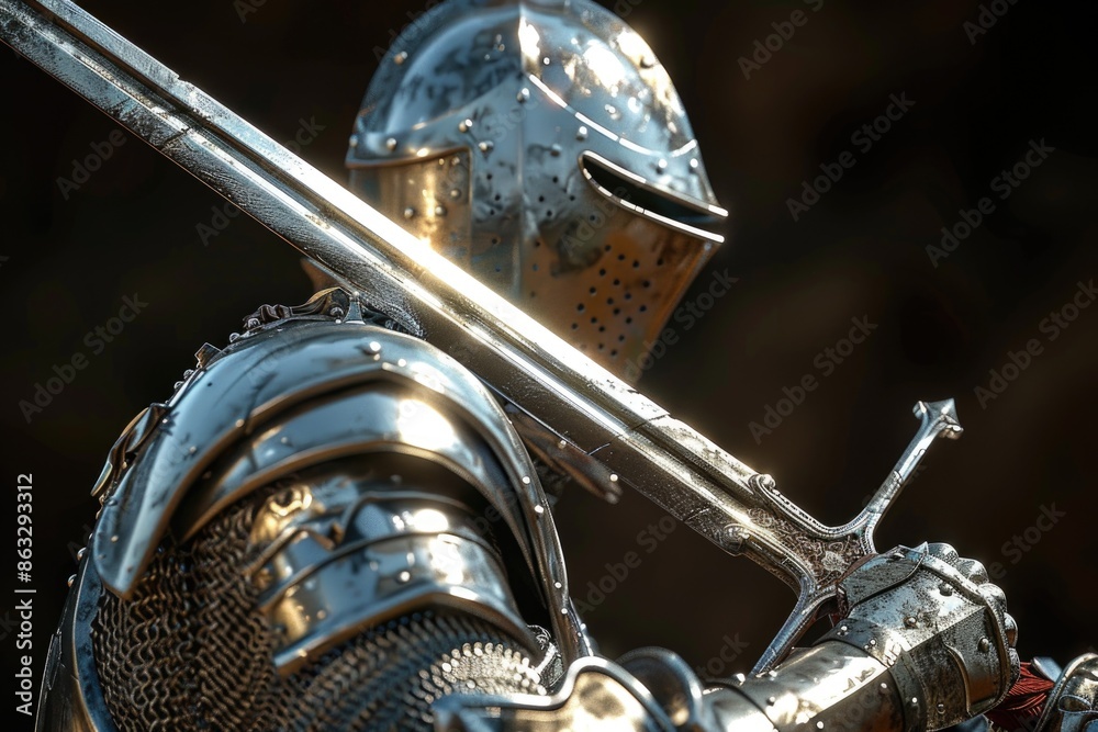 Sticker close-up of a medieval warrior in armor, holding a sword for battle or defense