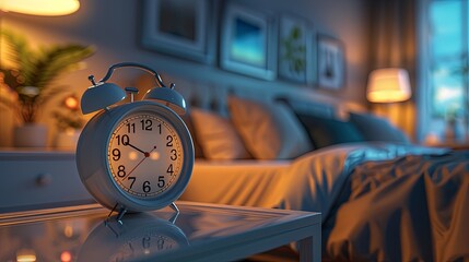 Cozy Bedroom with Vintage Alarm Clock in Warm Evening Light
