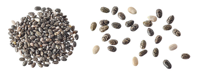 Chia seeds isolated on white background with full depth of field. Top view. Flat lay.