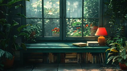 Cozy Reading Nook with Red Lamp and Lush Greenery by Window