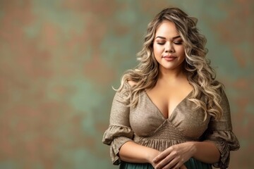 A fictional blond woman in a gold glittering dress poses gracefully against a soft, abstract background. She exudes confidence and elegance, with her eyes softly closed.