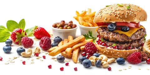 Obraz premium A meal with hamburger and fresh fruit on a table, suitable for use in food photography or as a still life image