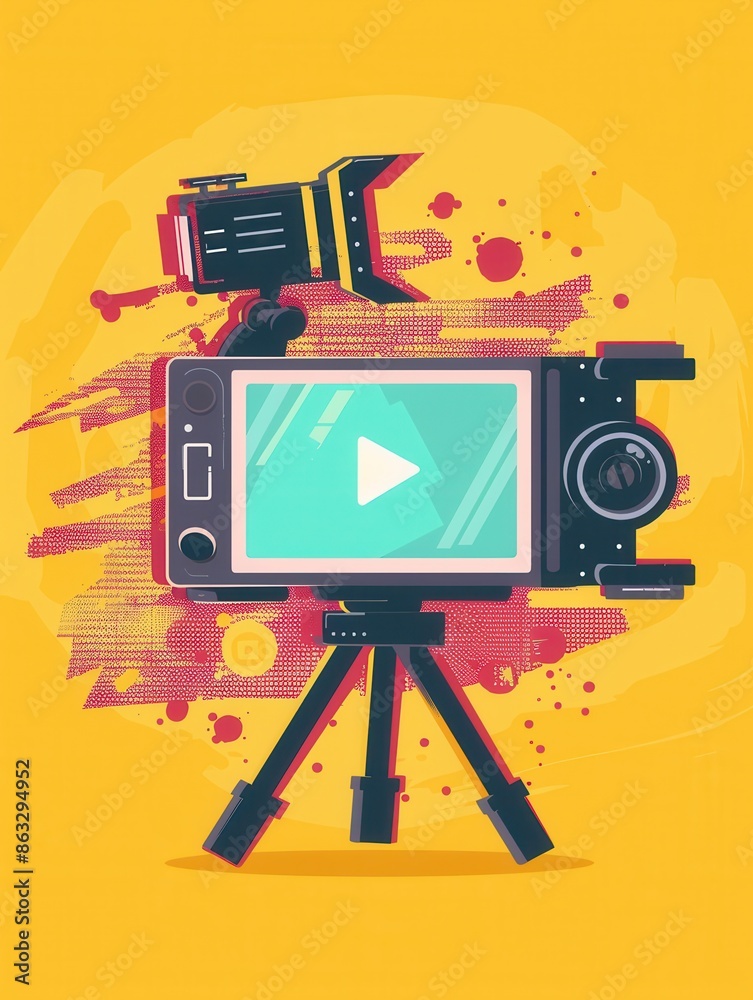 Fototapete A colorful illustration of a digital camera mounted on a tripod with a play button displayed on the screen, ready to film and stream video content. Generative AI