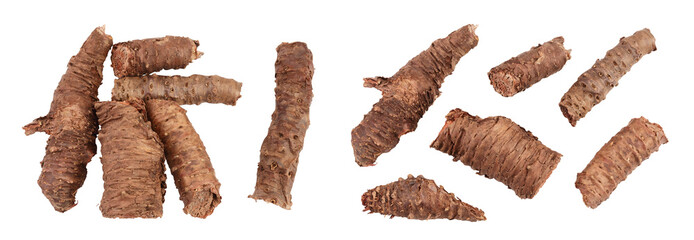 Rhodiola rosea root isolated on white background. Top view. Flat lay.