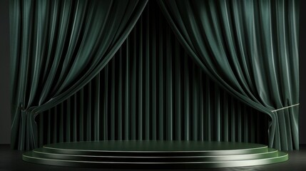 Fototapeta premium Elegant green podium display with draped satin wave curtains, creating a luxurious and sophisticated stage setting.