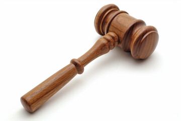 Wooden judge's gavel on white background. Justice, law and authority symbol. Legal services, court-related articles and judicial concepts.
