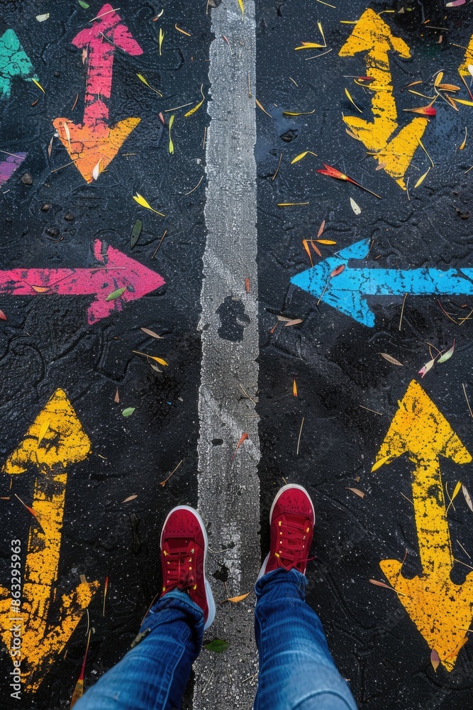 Poster a person standing on a street with colorful arrows painted on the ground, providing directions or em