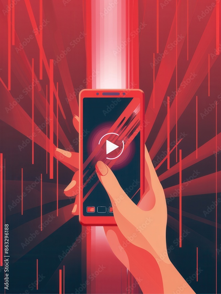 Fototapete A hand holds a smartphone displaying a play button, set against a bright, dynamic red background. Generative AI