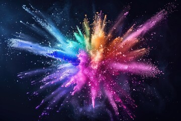 A vibrant explosion of colorful powder against a dark black backdrop