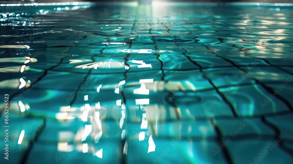 Poster a close-up view of clear pool water, suitable for use in advertising water purification products or 