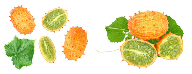 Kiwano or horned melon with leaves isolated on white background, Top view. Flat lay.