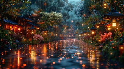 Illuminated River Path in a Rainy Japanese Garden at Night