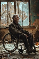 A person sitting in a wheelchair in front of a window, possibly looking outside