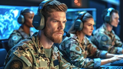Fototapeta premium A focused team of IT specialists in military uniforms working together at a command center, all wearing headsets for communication.