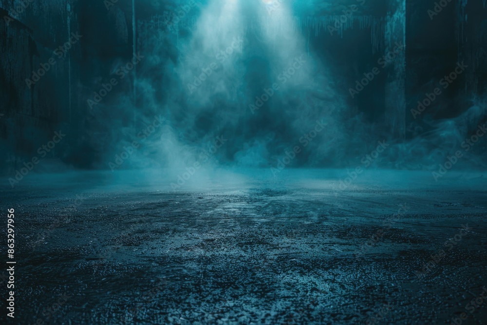 Poster a dimly lit room filled with fog, illuminated by a light source from above