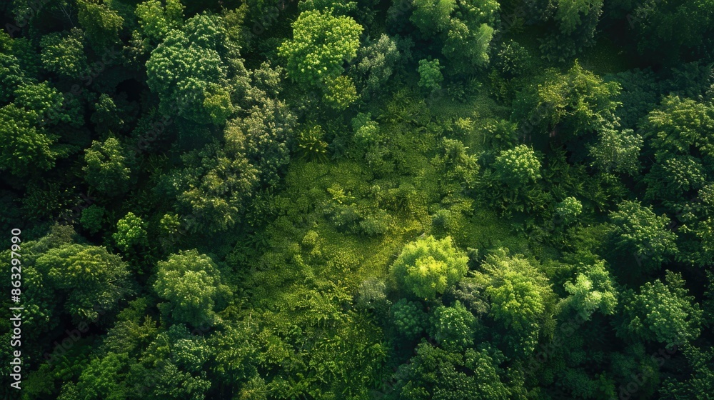 Poster Aerial view of a dense and vibrant green forest with trees and foliage visible from above