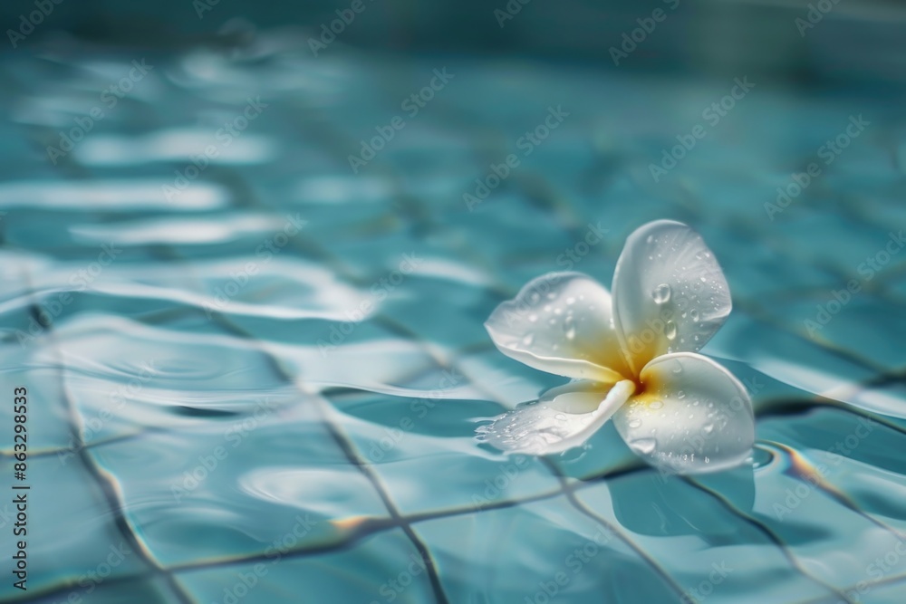 Poster a single white flower floats on the surface of a calm pool of water