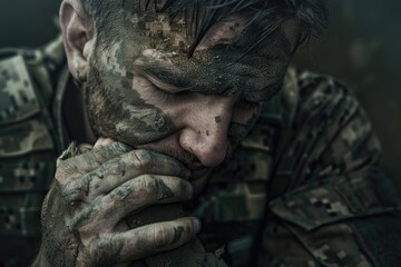 A close-up shot of a man in camouflage clothing covering his face with his hands, possibly conveying shock or distress