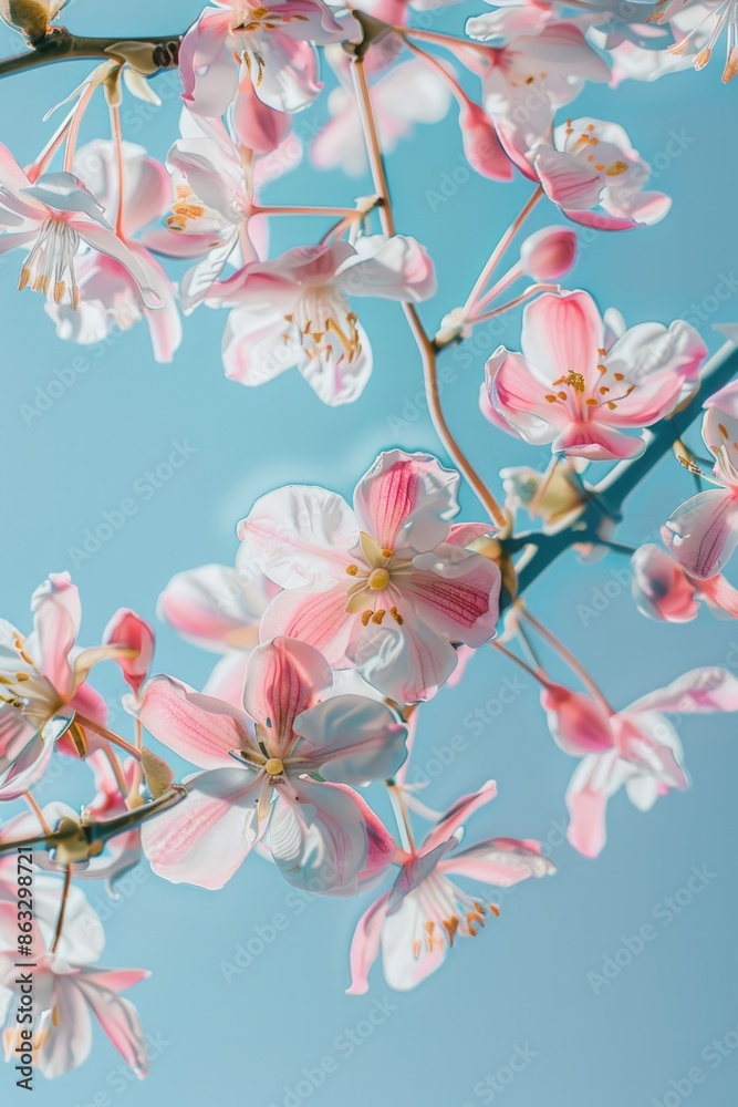 Poster A close-up shot of a branch from a tree featuring pink flowers, ideal for use in designs related to spring, nature, or beauty