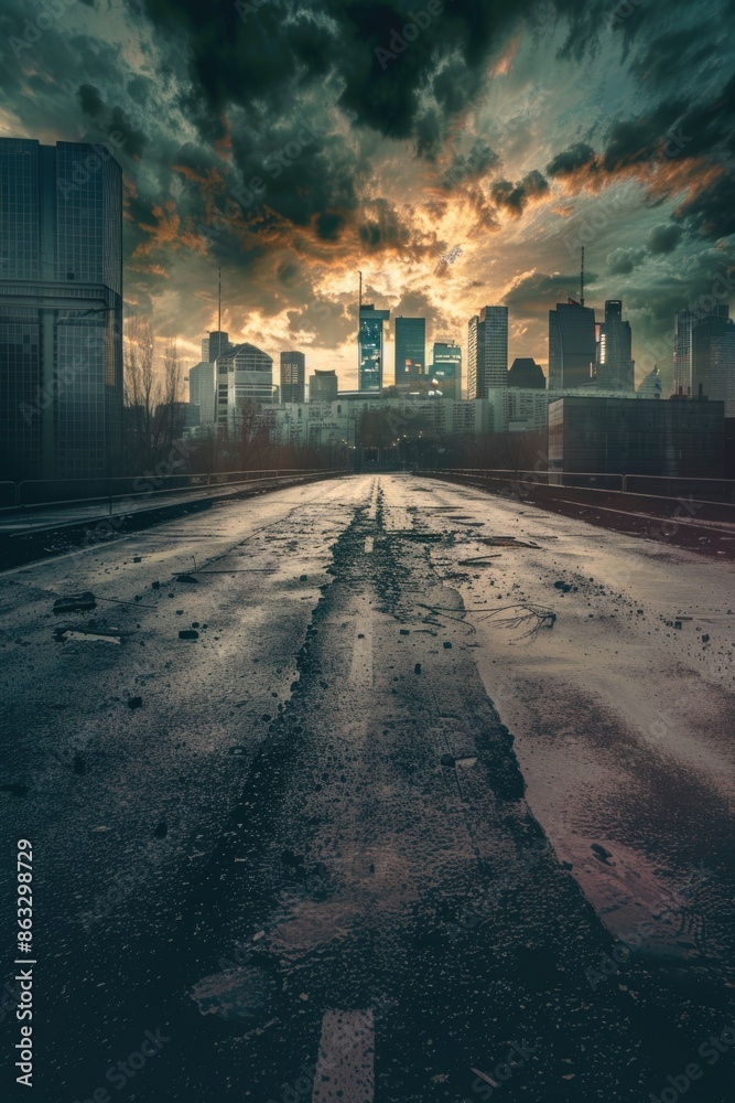 Poster a lone road with a city skyline in the background, perfect for use in travel or architecture project