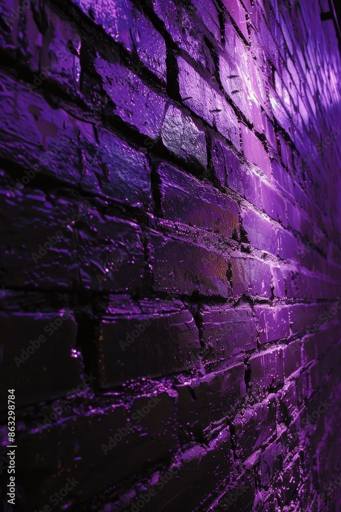 Poster a brick wall with a purple light shining on it, suitable for use in architectural or interior design