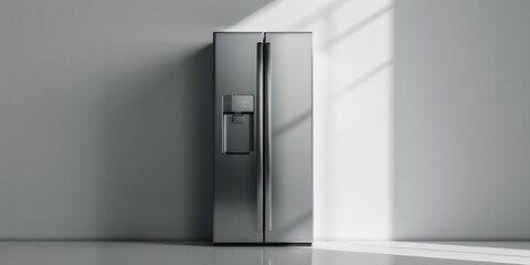 A silver refrigerator sits in a white room, providing a modern and sleek addition to the space